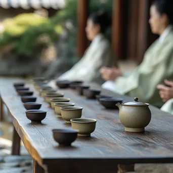 Participants holding a traditional tea ceremony outdoors - Image 2