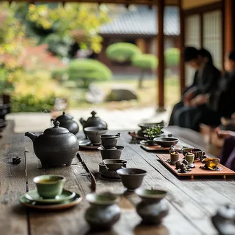 Participants holding a traditional tea ceremony outdoors - Image 3