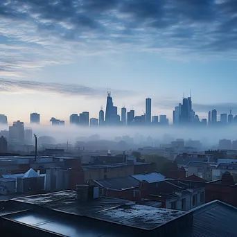 Rooftop view of a city skyline covered in morning fog - Image 1