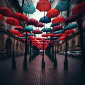 Temporary public art installation in a city square made of suspended umbrellas or swings inviting participation - Image 1