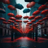 Temporary public art installation in a city square made of suspended umbrellas or swings inviting participation - Image 2