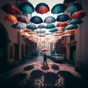 Temporary public art installation in a city square made of suspended umbrellas or swings inviting participation - Image 4