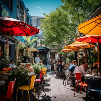 Charming Street Café with Colorful Umbrellas