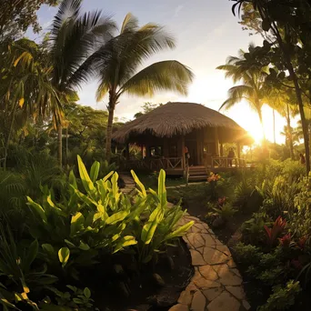 Thatched roof bungalow in tropical surroundings at sunset - Image 3