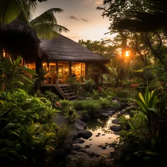 Thatched roof bungalow in tropical surroundings at sunset - Image 4