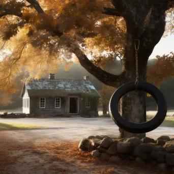 Rustic countryside home with tire swing and autumn leaves - Image 2