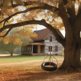 Rustic countryside home with tire swing and autumn leaves - Image 3