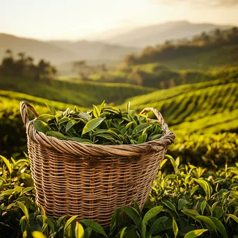 Close-up of antique tea plucking basket with fresh leaves - Image 3