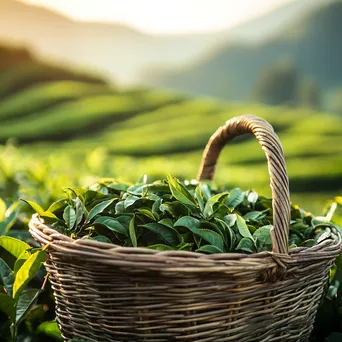 Close-up of antique tea plucking basket with fresh leaves - Image 4