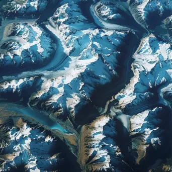 High-resolution satellite image of a snow-covered mountain range with glaciers, alpine forests, and icy lakes. - Image 2