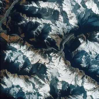 High-resolution satellite image of a snow-covered mountain range with glaciers, alpine forests, and icy lakes. - Image 4