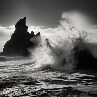 Waves crashing against coastal sea stacks in black and white - Image 4