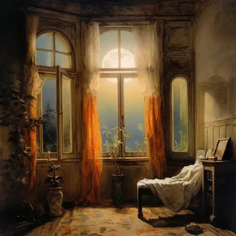 Window showing vibrant sunrise and moonlit night in dimly lit room - Image 1