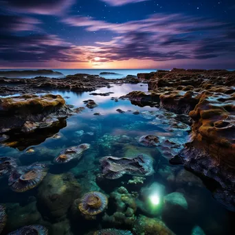 Rock pool glowing with bioluminescent organisms at twilight - Image 1