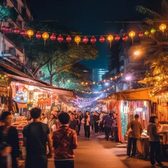 Bustling night market with colorful food stalls and lanterns under city lights - Image 3