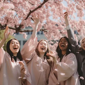 Graduates Celebrating Under Cherry Blossoms