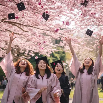 Diverse group of graduates throwing their caps under cherry blossom trees - Image 3