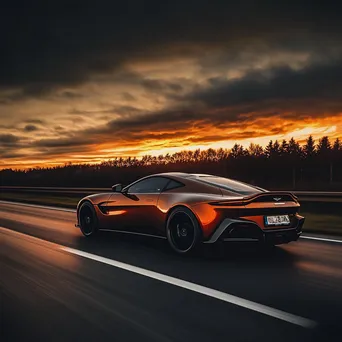 Sleek sports car driving on an empty highway at sunset - Image 1