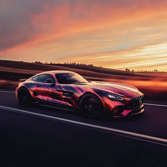 Sleek sports car driving on an empty highway at sunset - Image 2