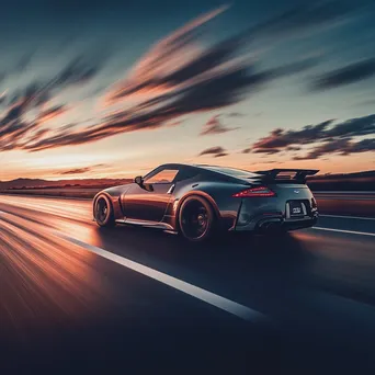 Sleek sports car driving on an empty highway at sunset - Image 3