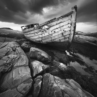 Black and white weathered shipwreck on rocky shore - Image 1