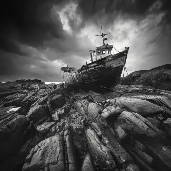 Black and white weathered shipwreck on rocky shore - Image 3