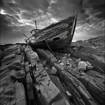 Black and white weathered shipwreck on rocky shore - Image 4