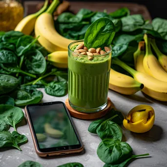 A close-up of a green smoothie in a glass surrounded by fresh ingredients. - Image 1