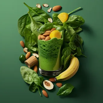 A close-up of a green smoothie in a glass surrounded by fresh ingredients. - Image 2