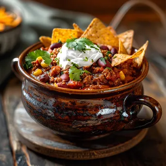 Bowl of gourmet chili topped with sour cream and chips - Image 1