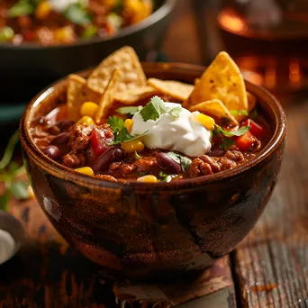 Bowl of gourmet chili topped with sour cream and chips - Image 4