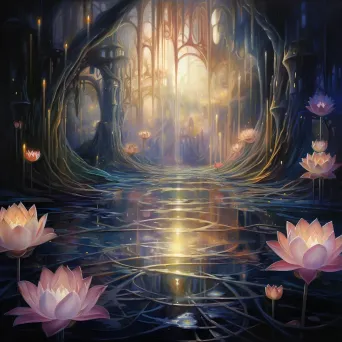 Oil painting of a dreamworld within the petals of an illuminated lotus - Image 3