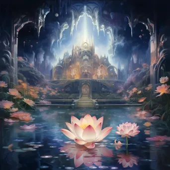 Oil painting of a dreamworld within the petals of an illuminated lotus - Image 4