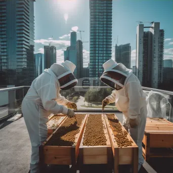 Urban rooftop beekeeping with beekeepers tending to hives in the city - Image 3