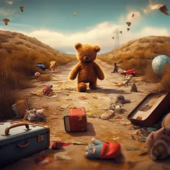 Illustration of a lost teddy bear finding its way back home with the help of toys and dolls - Image 1