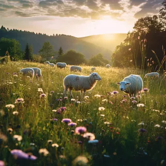 Sheep Grazing in Wildflower Meadow