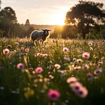 Shepherd observing sheep grazing in a colorful wildflower meadow - Image 2