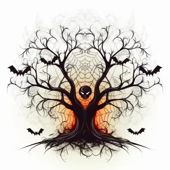 Haunted tree with glowing eyes, spider web, bats Halloween logo - Image 2