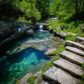 Mountain stream cascading over stone steps into deep blue pool surrounded by greenery. - Image 2