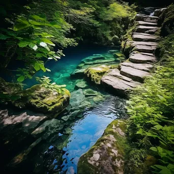 Mountain stream cascading over stone steps into deep blue pool surrounded by greenery. - Image 3