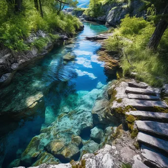 Cascading Mountain Stream into Blue Pool