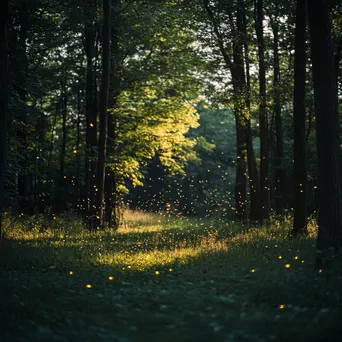 Woodland clearing at twilight with fireflies lighting the scene. - Image 1