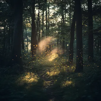 Woodland clearing at twilight with fireflies lighting the scene. - Image 2