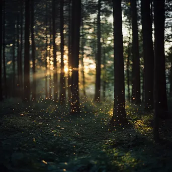 Woodland clearing at twilight with fireflies lighting the scene. - Image 3