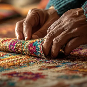 Close-up of hands knotting threads for a rug. - Image 1