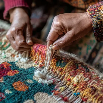 Close-up of hands knotting threads for a rug. - Image 2