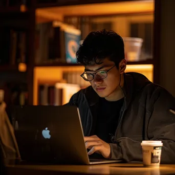 Student studying late at night in a dimly lit room with coffee. - Image 2