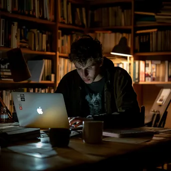 Student studying late at night in a dimly lit room with coffee. - Image 4