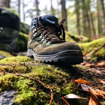 Close-up of hiking boots on a rocky trail with moss and twigs in focus. - Image 3