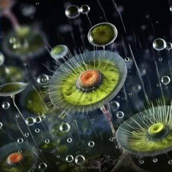 Illustration of bustling activity within a drop of pond water, teeming with protozoa, algae, and microscopic life. - Image 4